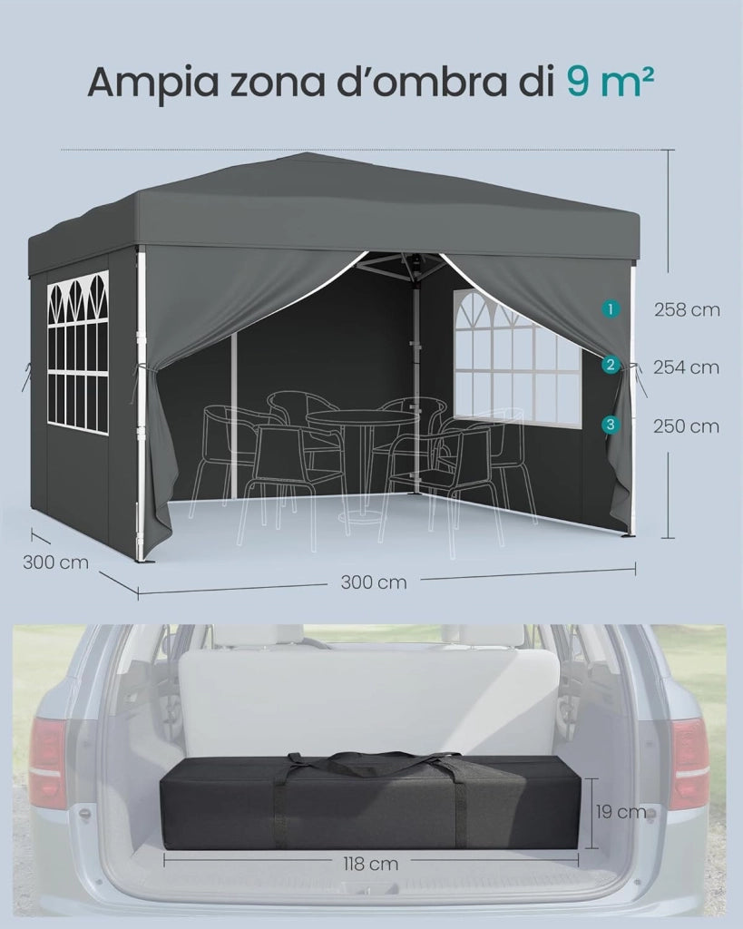 SONGMICS Gazebo, Tendone Pieghevole, Protezione Solare, Resistente alla Pioggia Leggera, Portatile, con Pareti Laterali, per Cortile, Giardino, Mercato, 3 x 3 m, Grigio Scuro GCT104GZ01