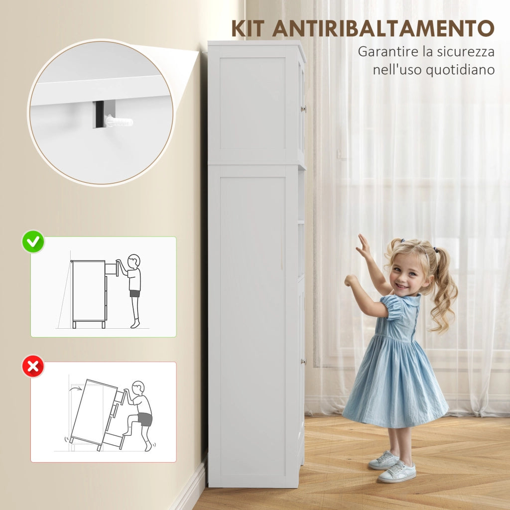 Credenza Bianca con 2 Ante a Vetro e 3 Vani Aperti, Ripiani Regolabili ¨C Zephmum ¨C 60x30x145.5 cm