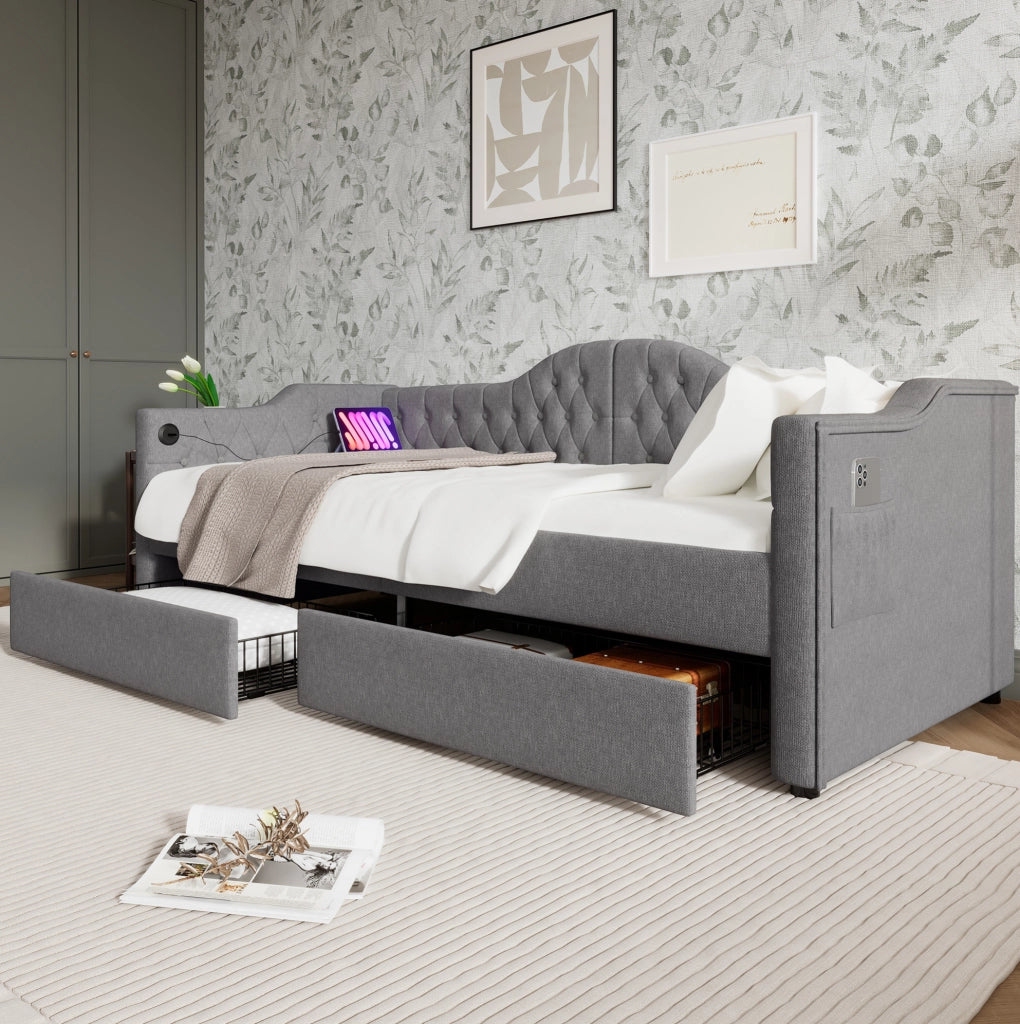 Letto giorno 90x190 cm in lino grigio con USB e Type-C; 2 cassetti e tasche laterali