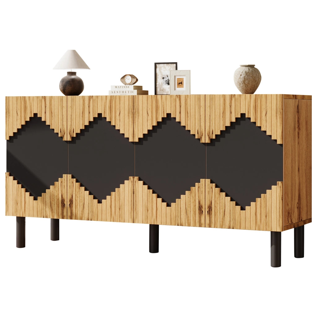Credenza e madia con 4 ante push-open e 4 vani, per soggiorno, in MDF e truciolare, naturale nero, 140 × 40 × 70 cm