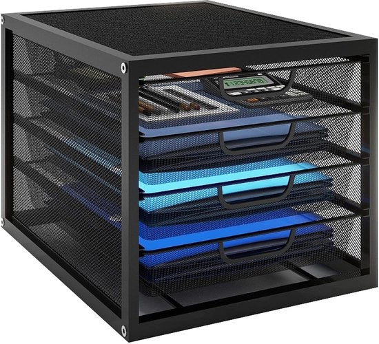 Cassettiere da ufficio 4 livelli con cassetta per lettere e documenti, contenitore per documenti con cassettoni di archiviazione per cartaceo, separatore di cartaceo in metallo, organizzatore per ufficio, mobili per ufficio in nero