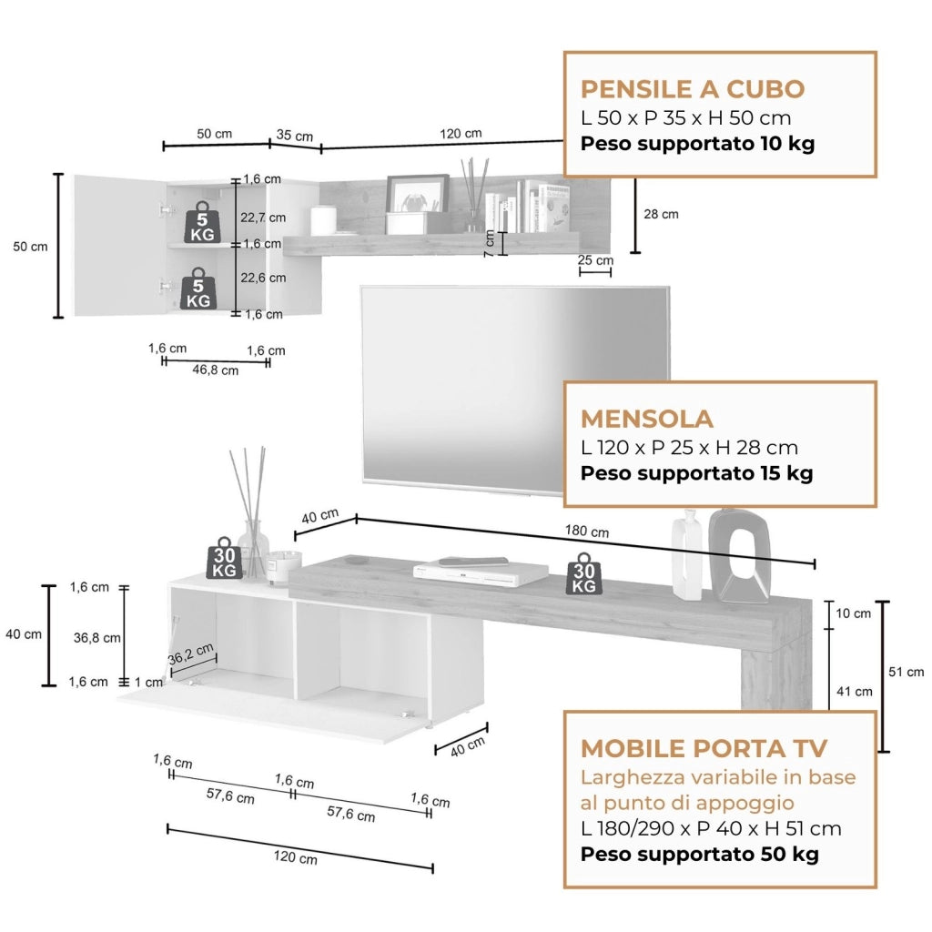 WHOUS Parete attrezzata Chronos set soggiorno antracite opaco e rovere 180/290x40 cm