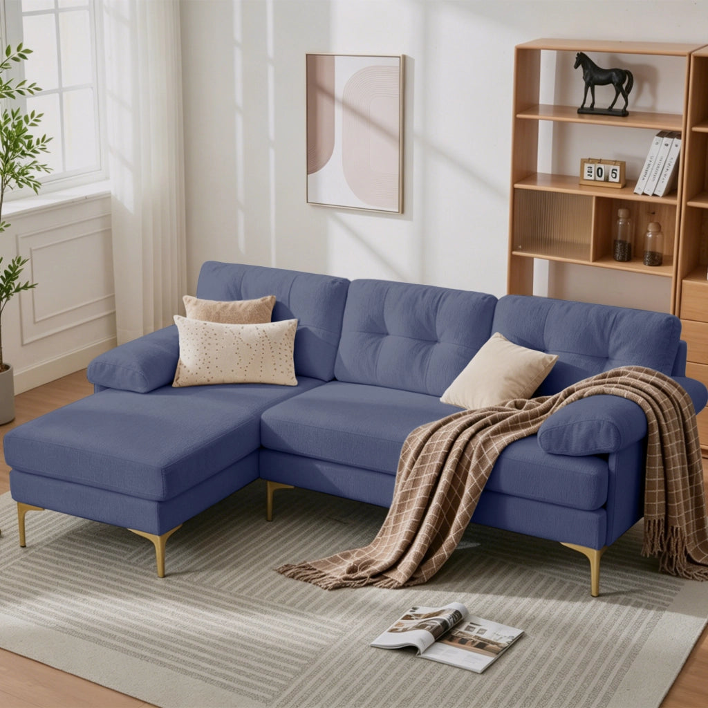 Divano angolare reversibile a 3 posti con cuscini imbottiti, braccioli larghi, struttura in legno, in tessuto chenille blu