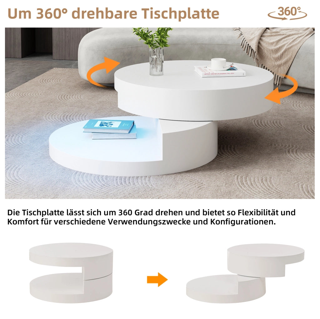 Tavolino da caffè rotondo MDF bianco con LED e piano girevole