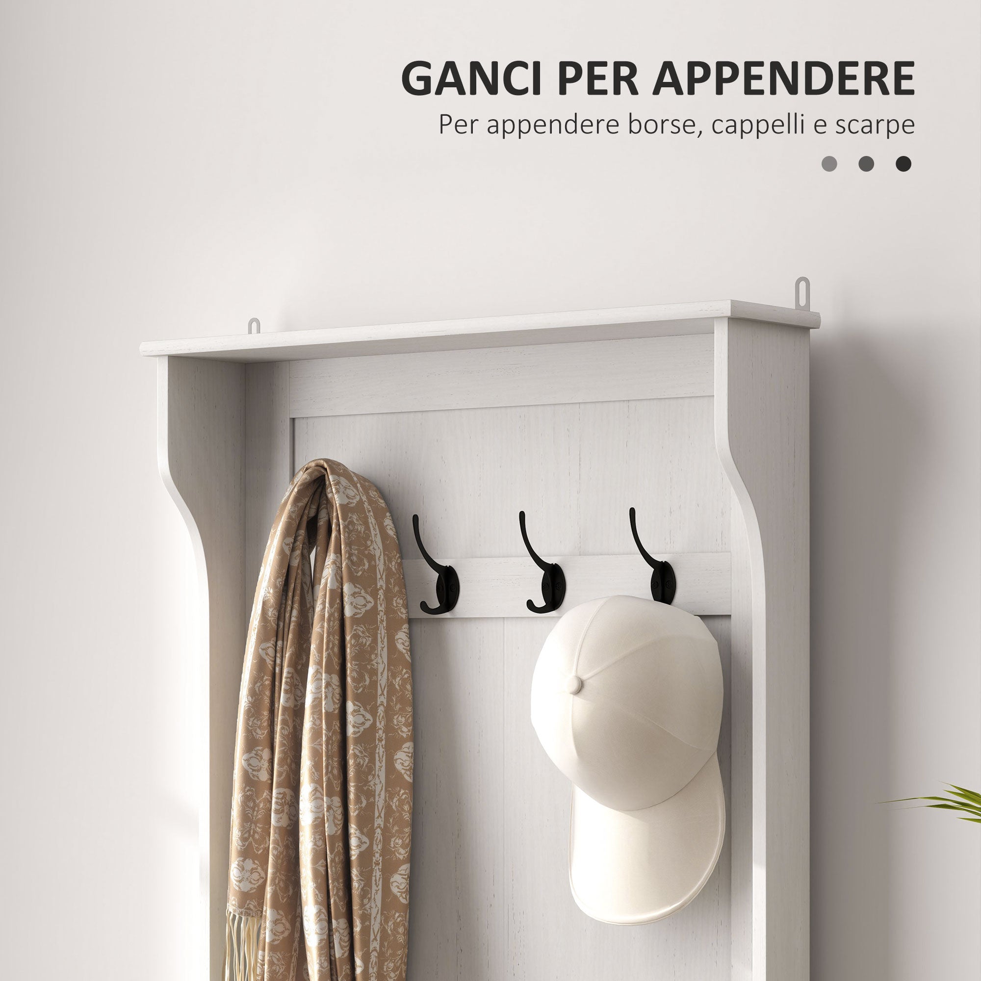 Mobile Appendiabiti 3 in 1 71,5x39,5x170 cm con 4 Ganci e Panca Contenitore in Legno Bianco