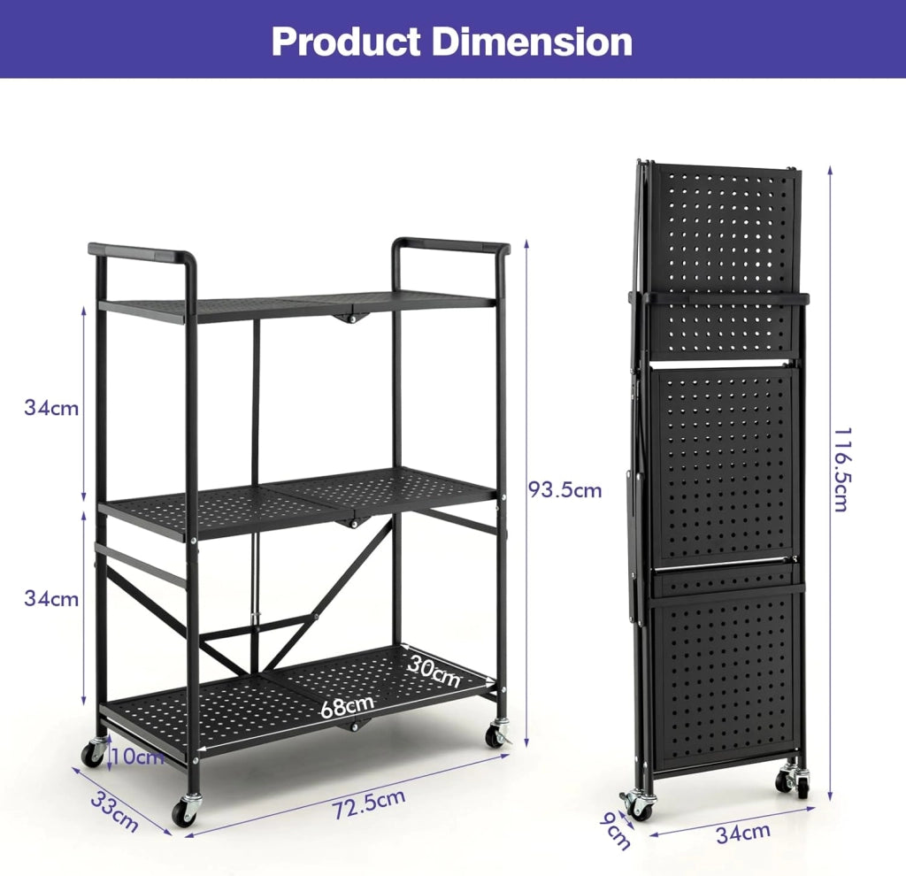 Carrello Portaoggetto Pieghevole, Scaffali con Ruote Bloccabili 3 Ripiani e Maniglie, Carrello con Ruote Portatutto per Cucina Soggiorno Corridoio