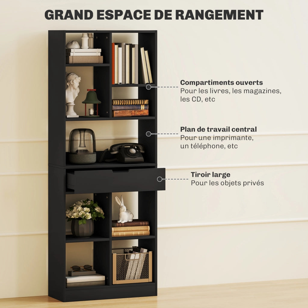 Libreria con cassetti e ripiani aperti ¨C zephmum ¨C nero 60x26x158 cm