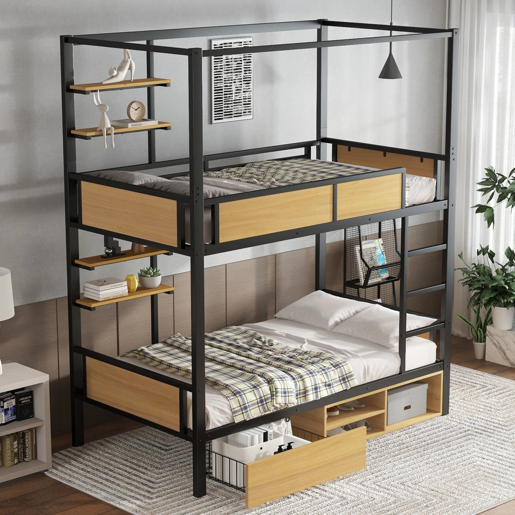 OKWISH Letto a castello 90×200 cm, Letto Singolo con 2 Ripiani Laterali, 2 Cassetti e Vano Contenitore, senza Materasso, MDF e Metallo, Nero e Naturale
