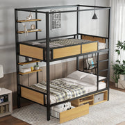 OKWISH Letto a castello 90×200 cm, Letto Singolo con 2 Ripiani Laterali, 2 Cassetti e Vano Contenitore, senza Materasso, MDF e Metallo, Nero e Naturale