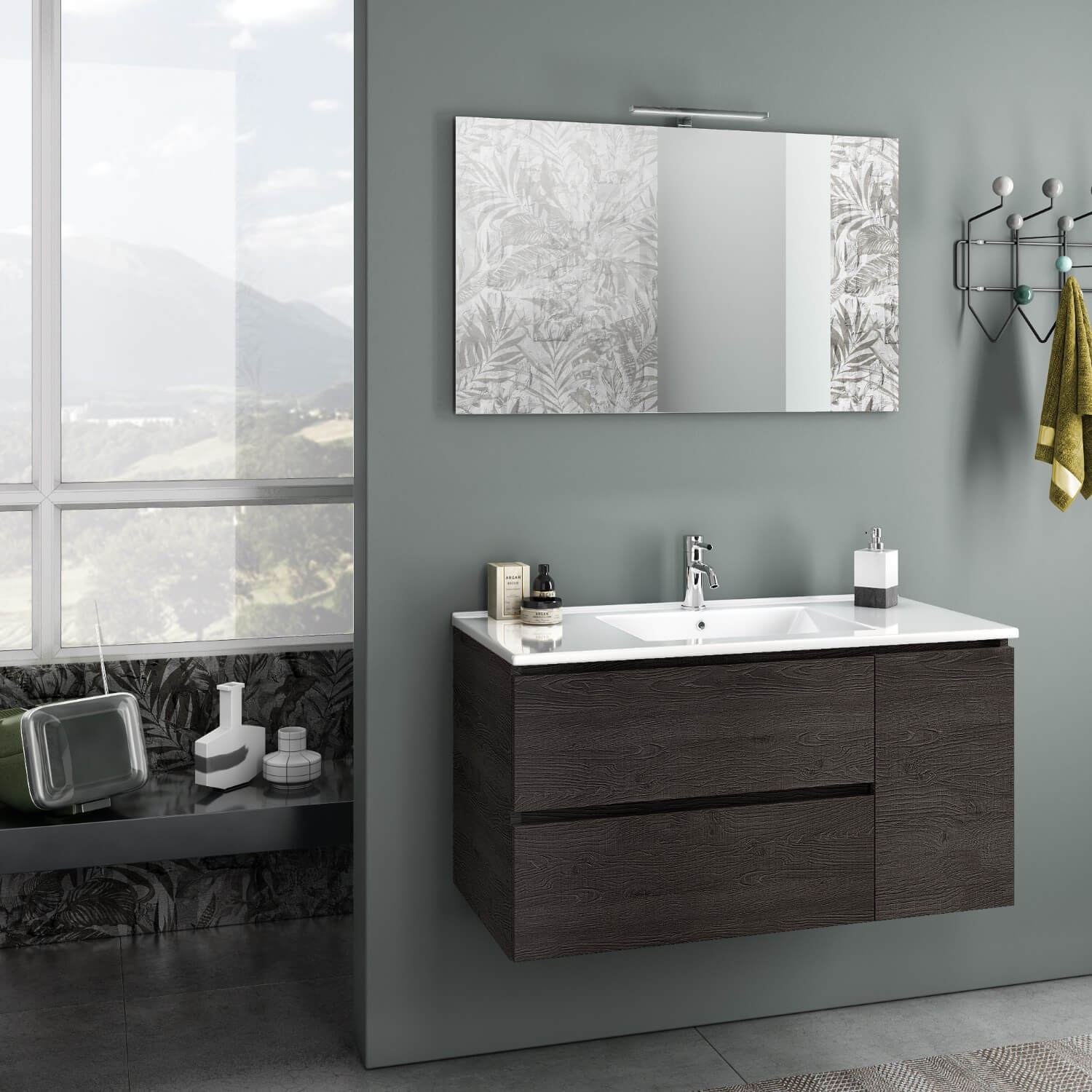 Mobile da Bagno Sospeso con Lavabo Specchio e Lampada a LED TFT Febe Rovere Wengè