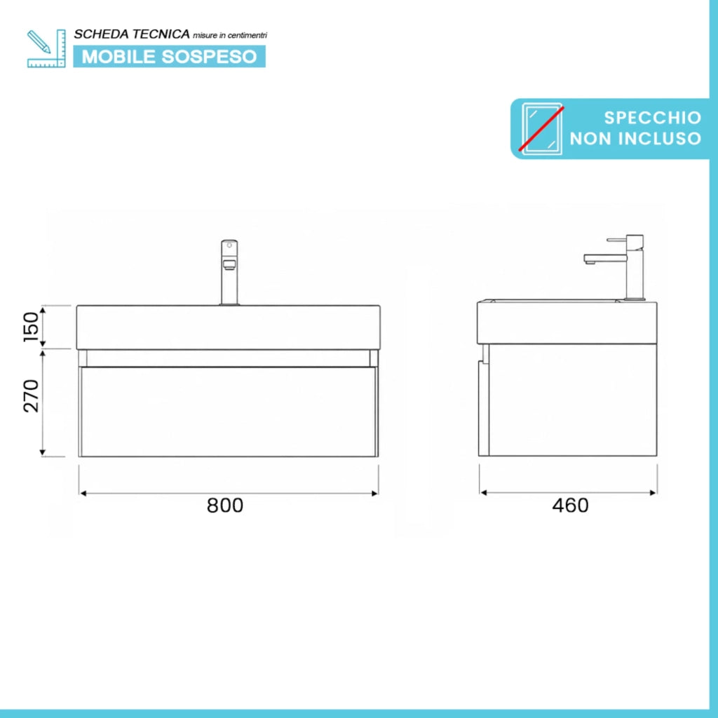Mobile bagno sospeso 80 cm in rovere naturale con cassetto e lavabo in resina Nadia