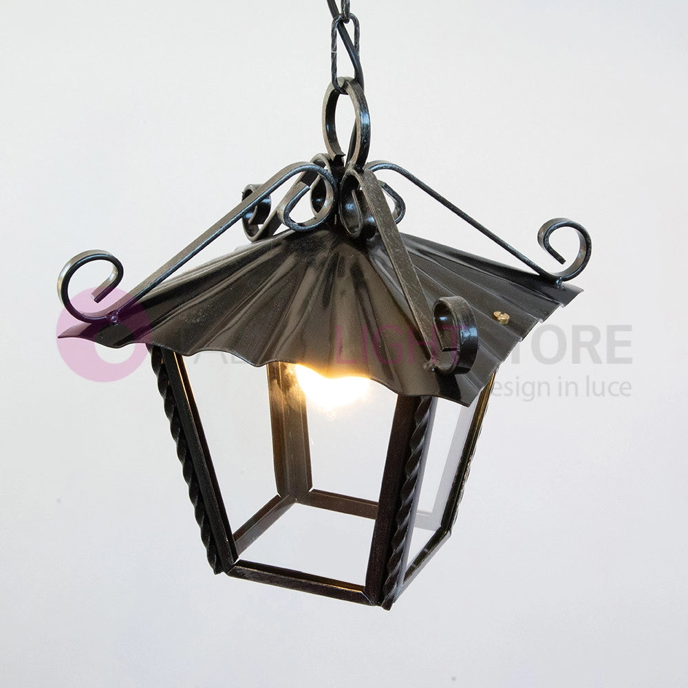 UMBRIA GRANDE Lanterna Quadrata L. 30 con Catena Ferro Battuto Design Rustico