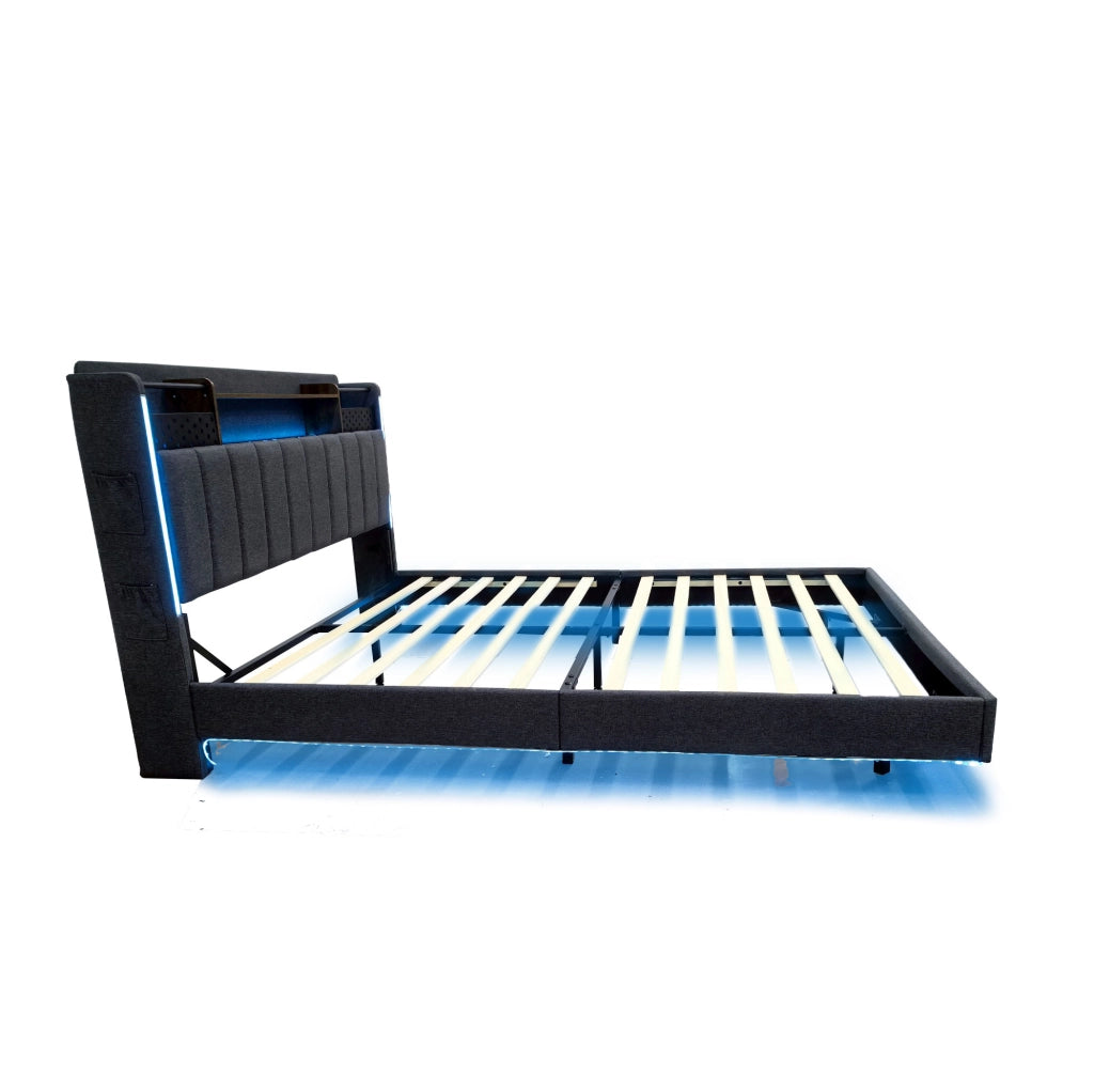 Letto imbottito 160x200 cm; testiera con USB e LED; contenitore; tessuto grigio (Senza materasso)