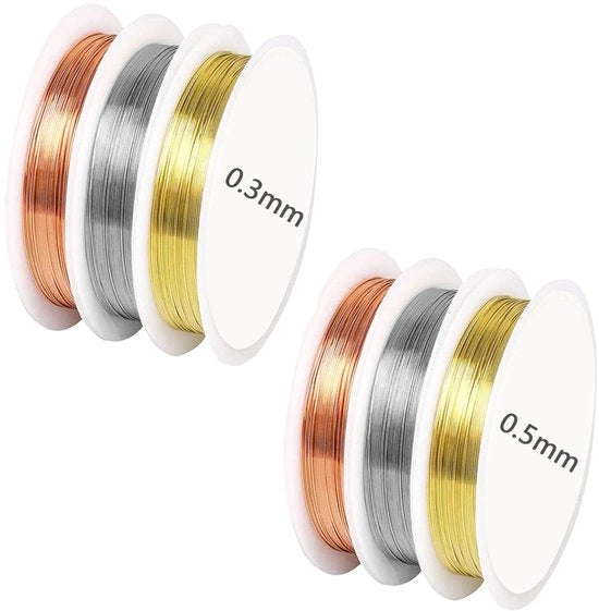 Sieradendraad 6 Rollen - Filo per Modellazione 15 m/rol x 0,3 mm - 5,5 m/rol x 0,5 mm - Filo in Alluminio - Colore Metallic Lucido - Ideale per Gioielli e Modellazione