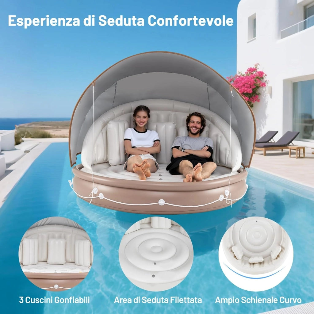 Isola Gonfiabile da Piscina, Lounge Gallegiante con Ombra Retrattile e Rimovibile, Dotato di 3 Cuscini, Materasso Gonfiabile Pieghevole e Portatile per 2 Persone, Portata 180 kg