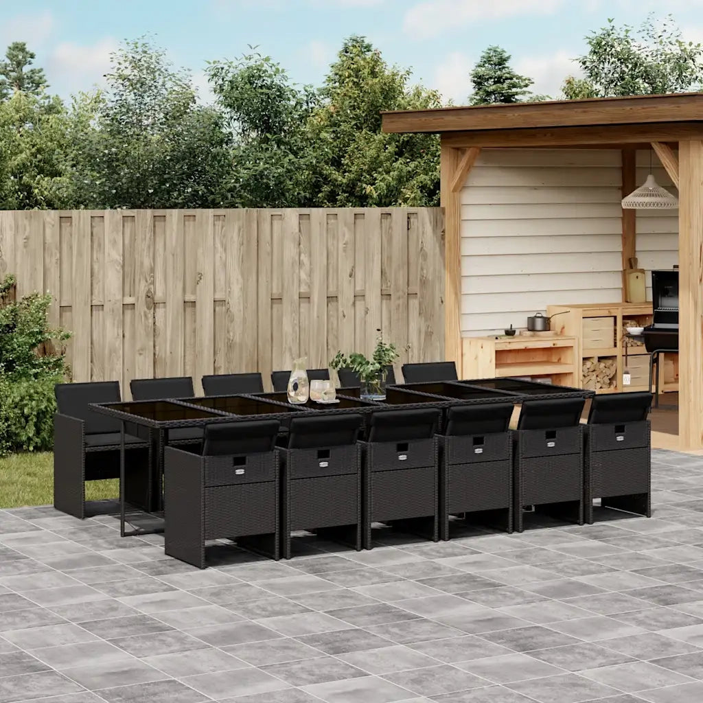 Set da Pranzo da Giardino 13pz con Cuscini Nero in Polyrattan