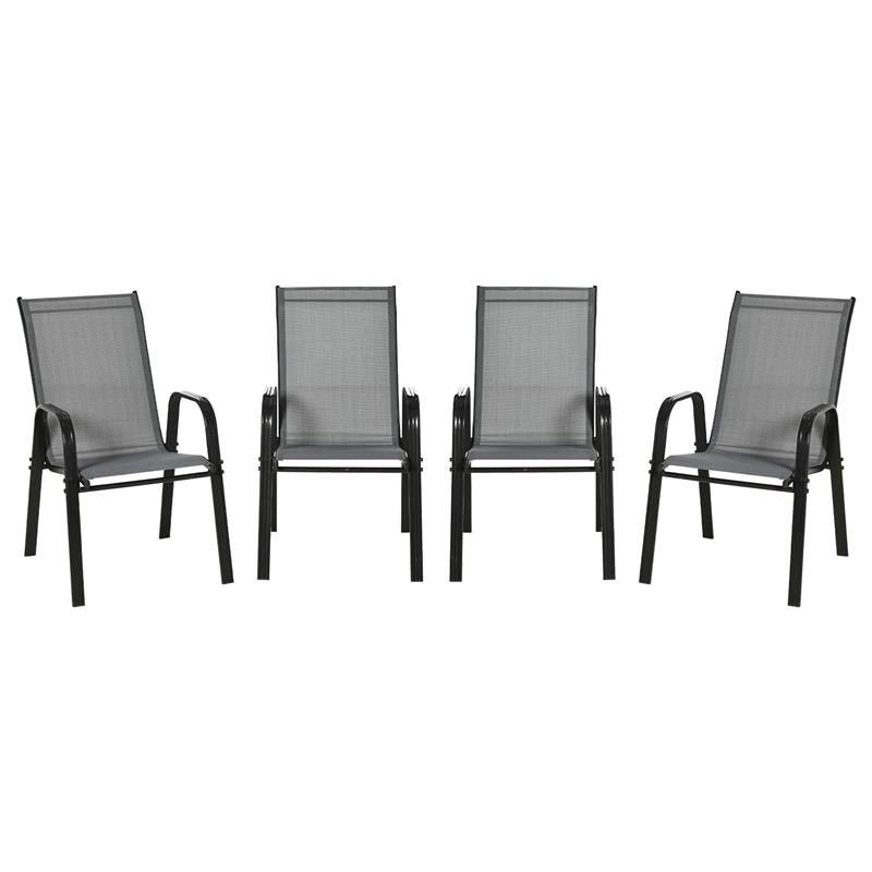 SET 4 SEDIE DA GIARDINO IMPILABILI E SALVASPAZIO CON BRACCIOLI IN METALLO E TESSUTO A RETE, GRIGIO