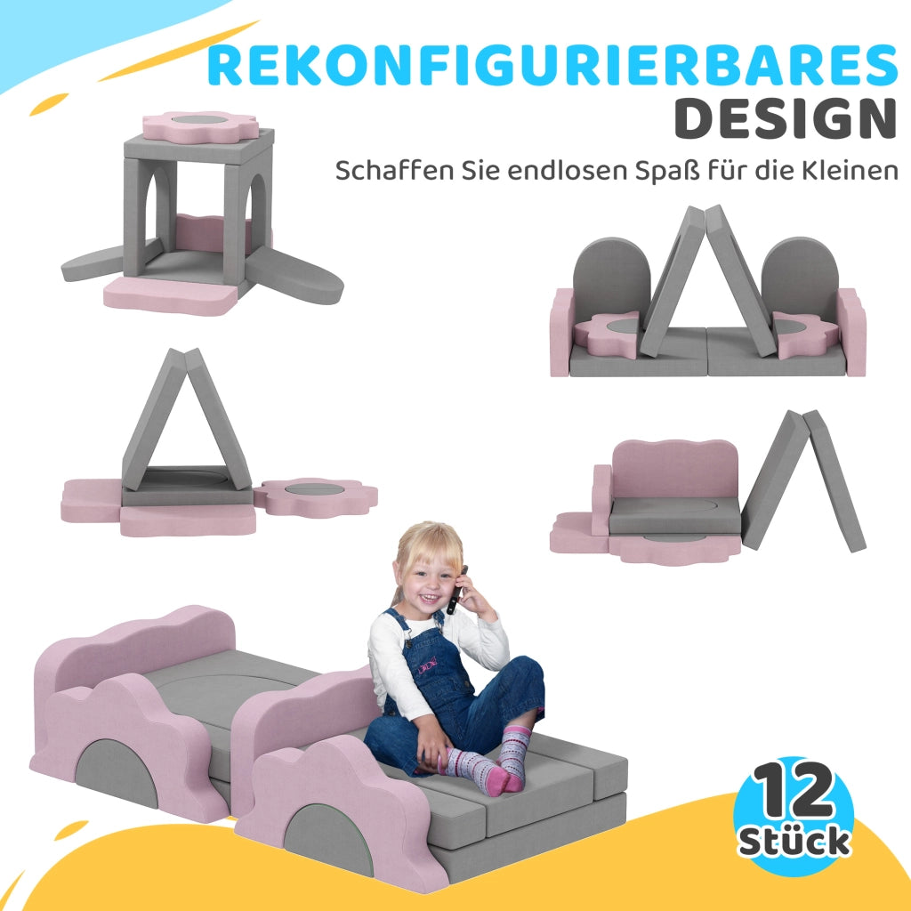 Set 12 Blocchi Schiuma per Arrampicata e Gioco ¨C Xylo ¨C Grigio e Rosa con Rivestimento in Velluto