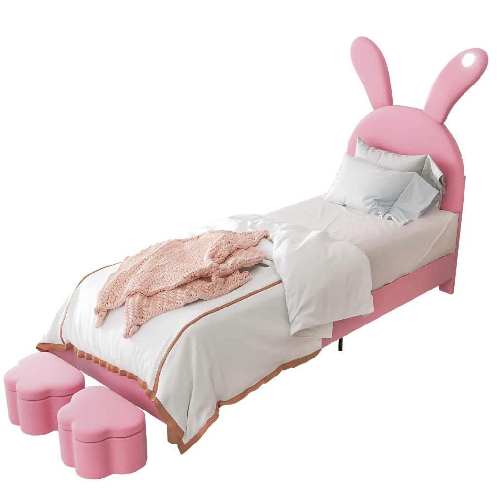 Letto singolo imbottito 90x200 cm in velluto rosa con LED; sponde contenitore e testiera regolabile