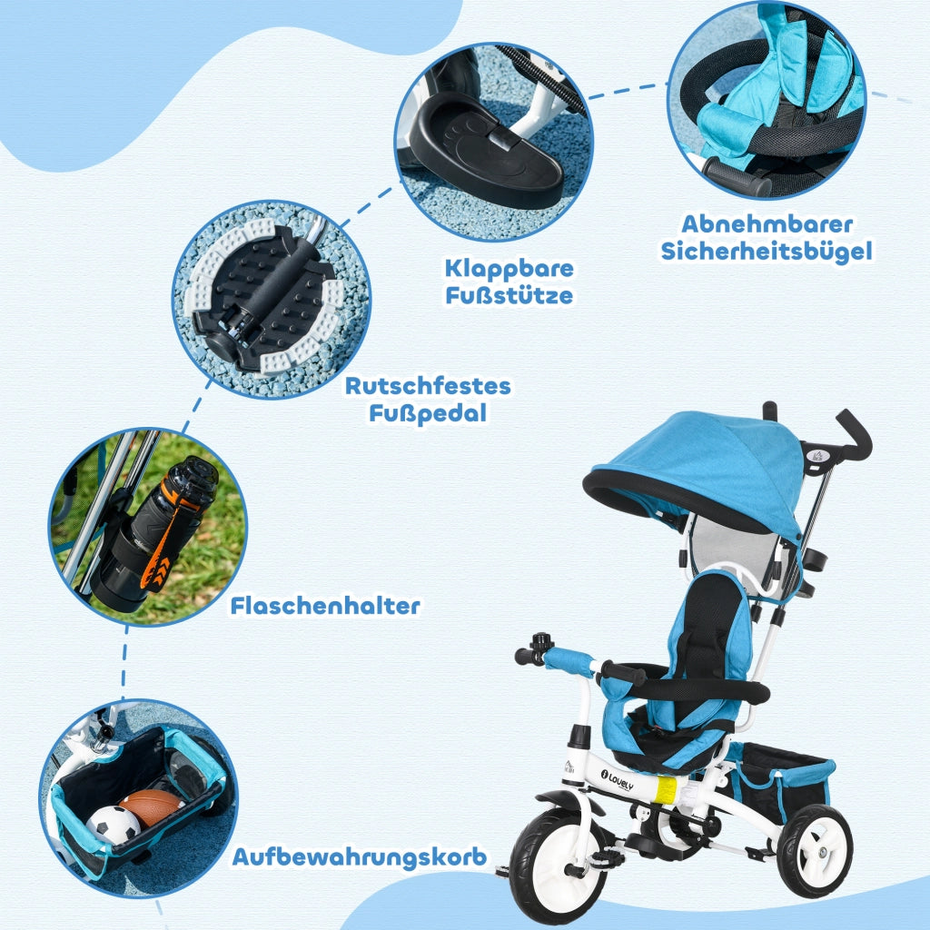Triciclo per Bambini 6 in 1 ¨C Zephmum ¨C Con Sbarra di Spinta, Cestino, Blu