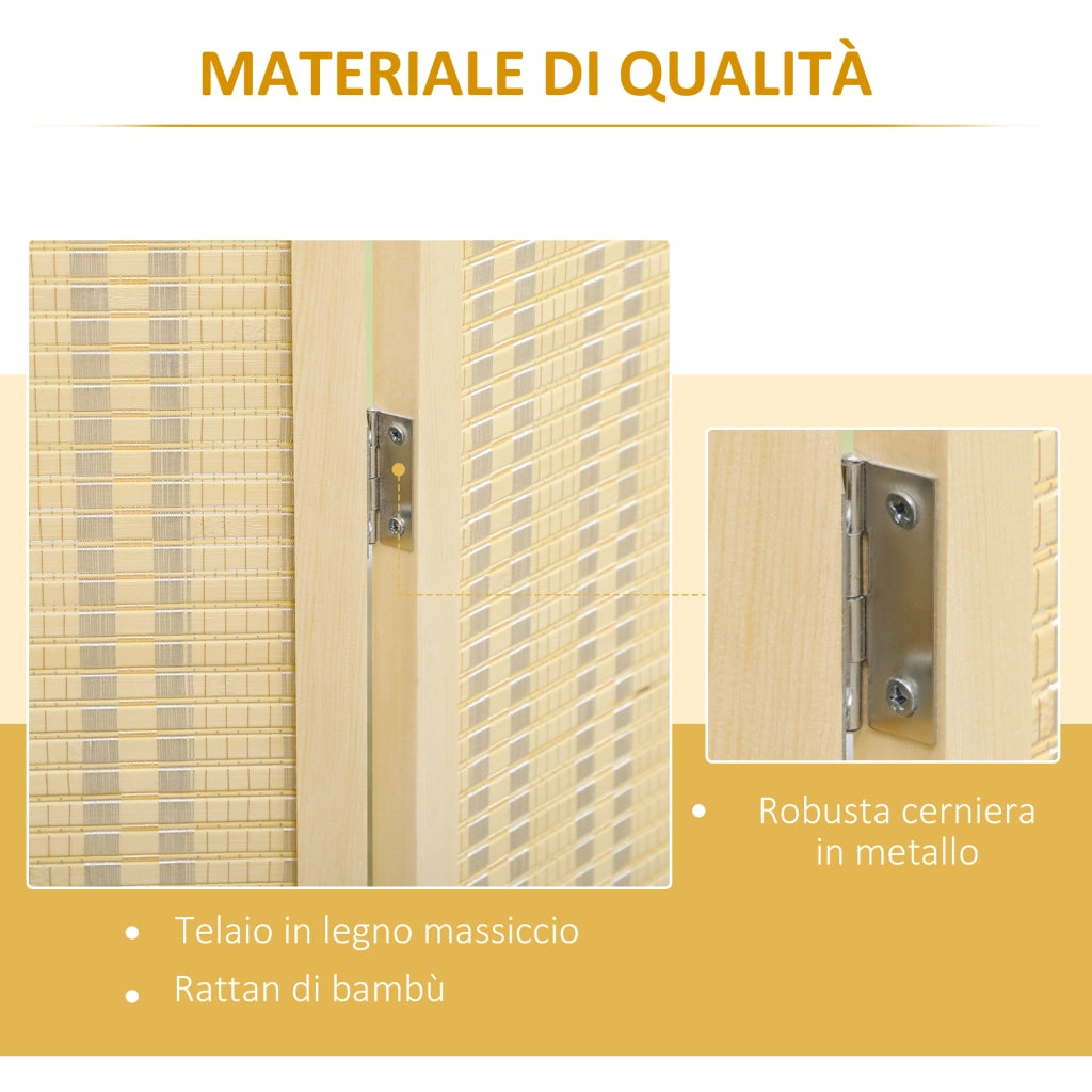 Paravento a 4 Ante Pieghevole ¨C Zephmum ¨C Legno e Bamb¨´ Naturale 180cm