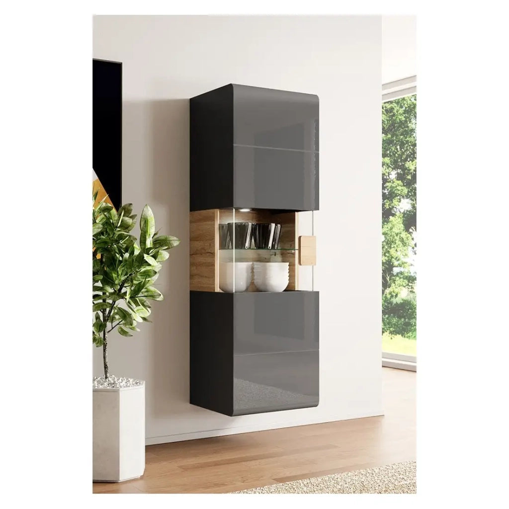 Vetrina sospesa + LED collezione OHIO color antracite e quercia.