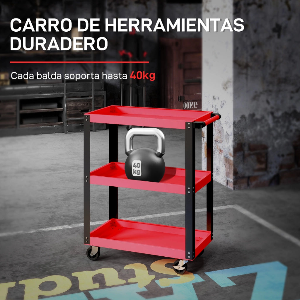 Carrello Portautensili con 3 Ripiani Ruote e Maniglie ¨C Xylo ¨C Capacit¨¤ 120 kg Rosso e Nero