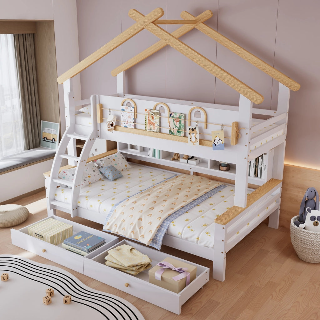 Letto a Castello 90x200 cm e 120x200 cm con 2 Cassetti; Scala e Mensola; Bianco Naturale