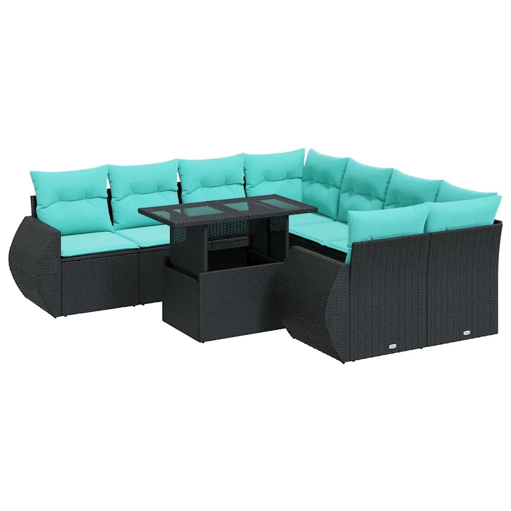 Set Divani da Giardino 9 pz con Cuscini Nero Polyrattan Acacia