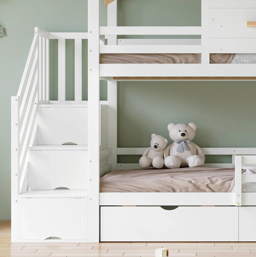 Letto a castello in legno 90x200 cm con scale contenitive e cassetti