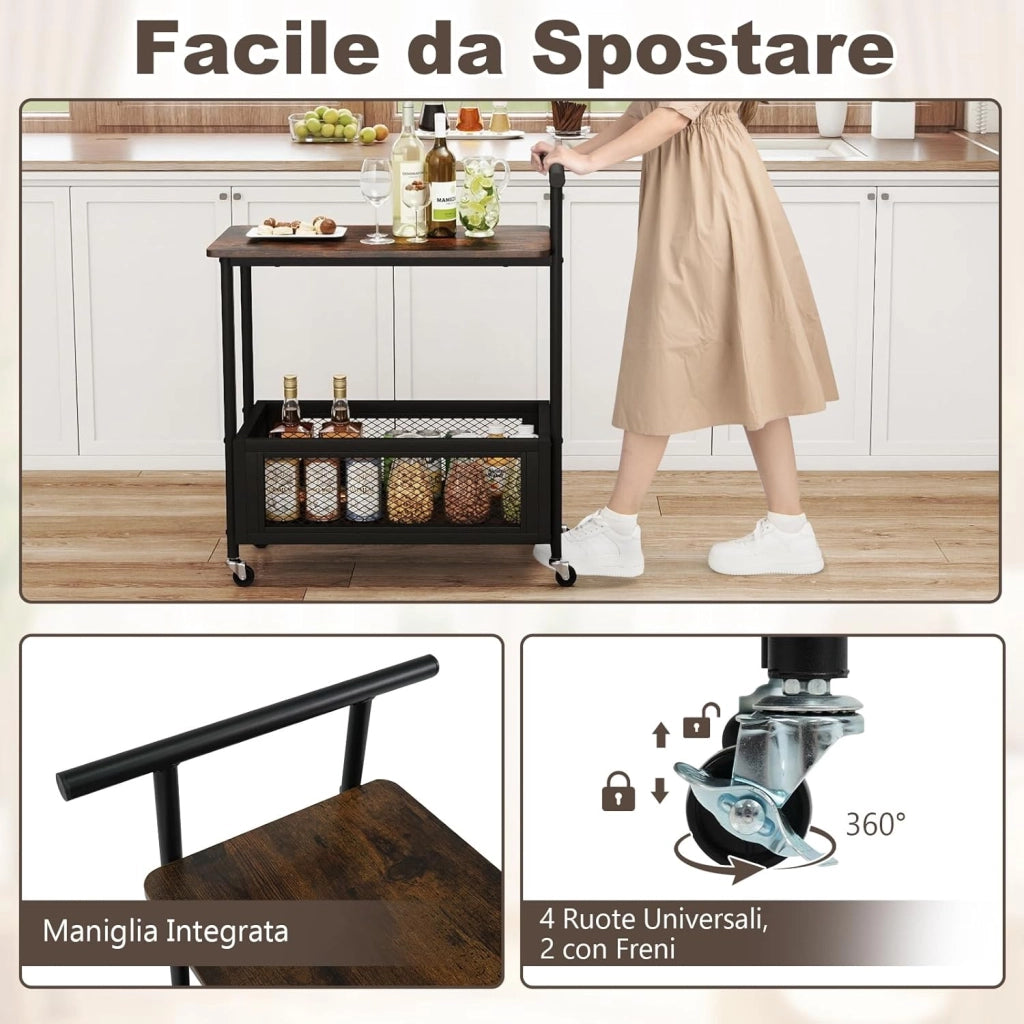 Tavolino da Divano e Letto con Ruote Bloccabili e Maniglia, Tavolino Laterale a 2 Ripiani con Mensola Aperta e Cestello in Rete, Carrello Porta Snack per Salotto e Camera da Letto