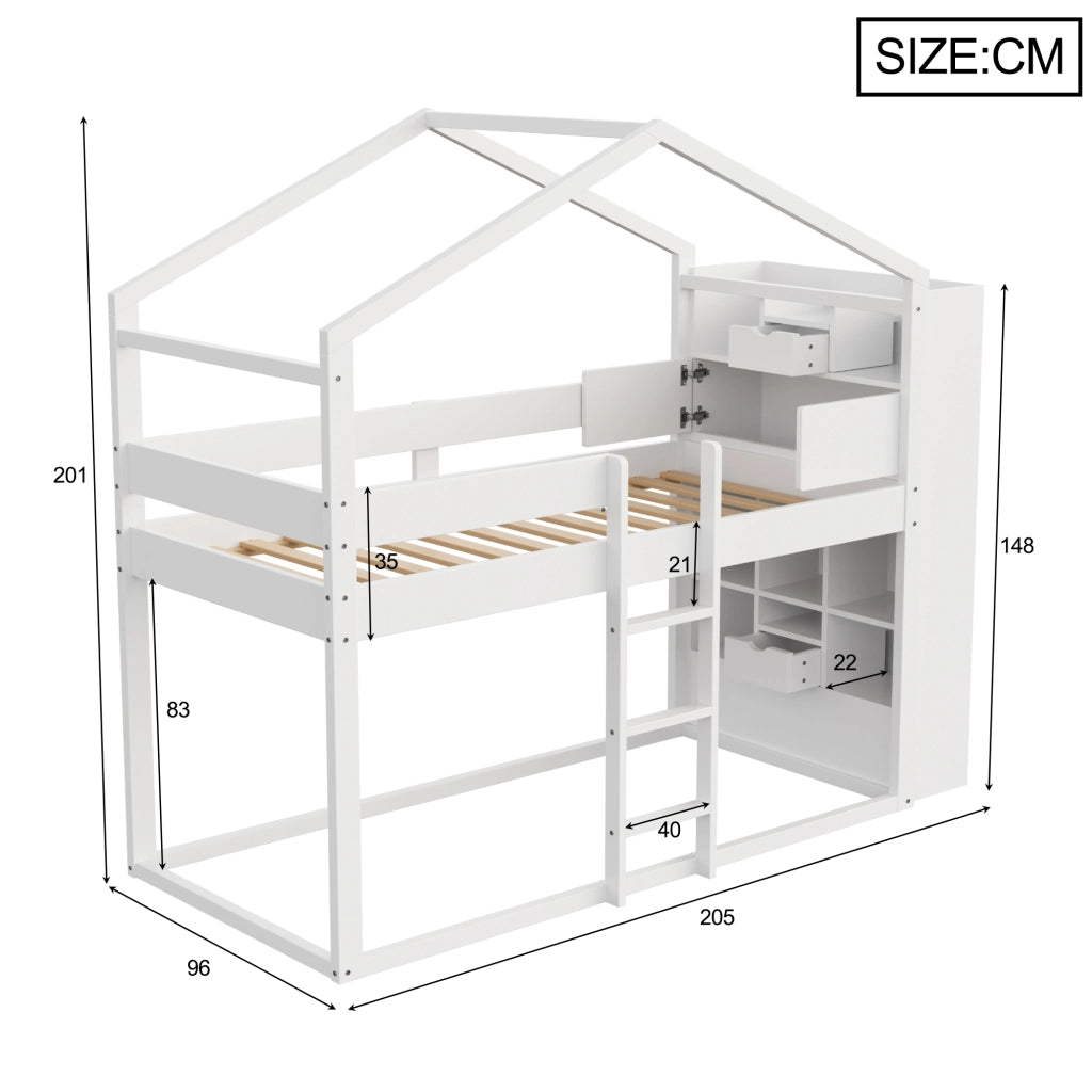 OKWISH Letto a Castello 90×200 cm, Letto Singolo con Contenitore, Mensole e Scomparti, senza Materasso, in Legno Massello, Bianco
