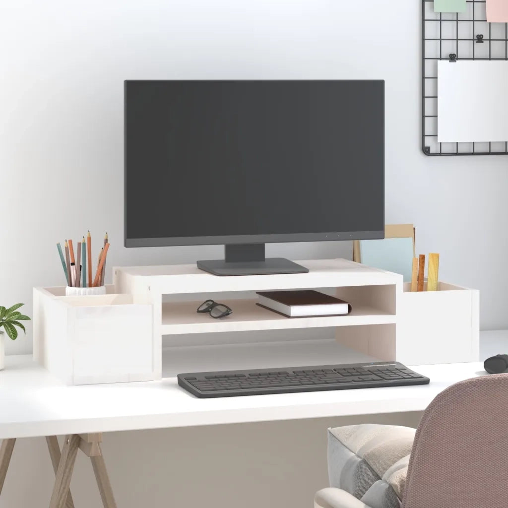 Supporto per Monitor Bianco 70x27,5x15cm Legno Massello di Pino 813965
