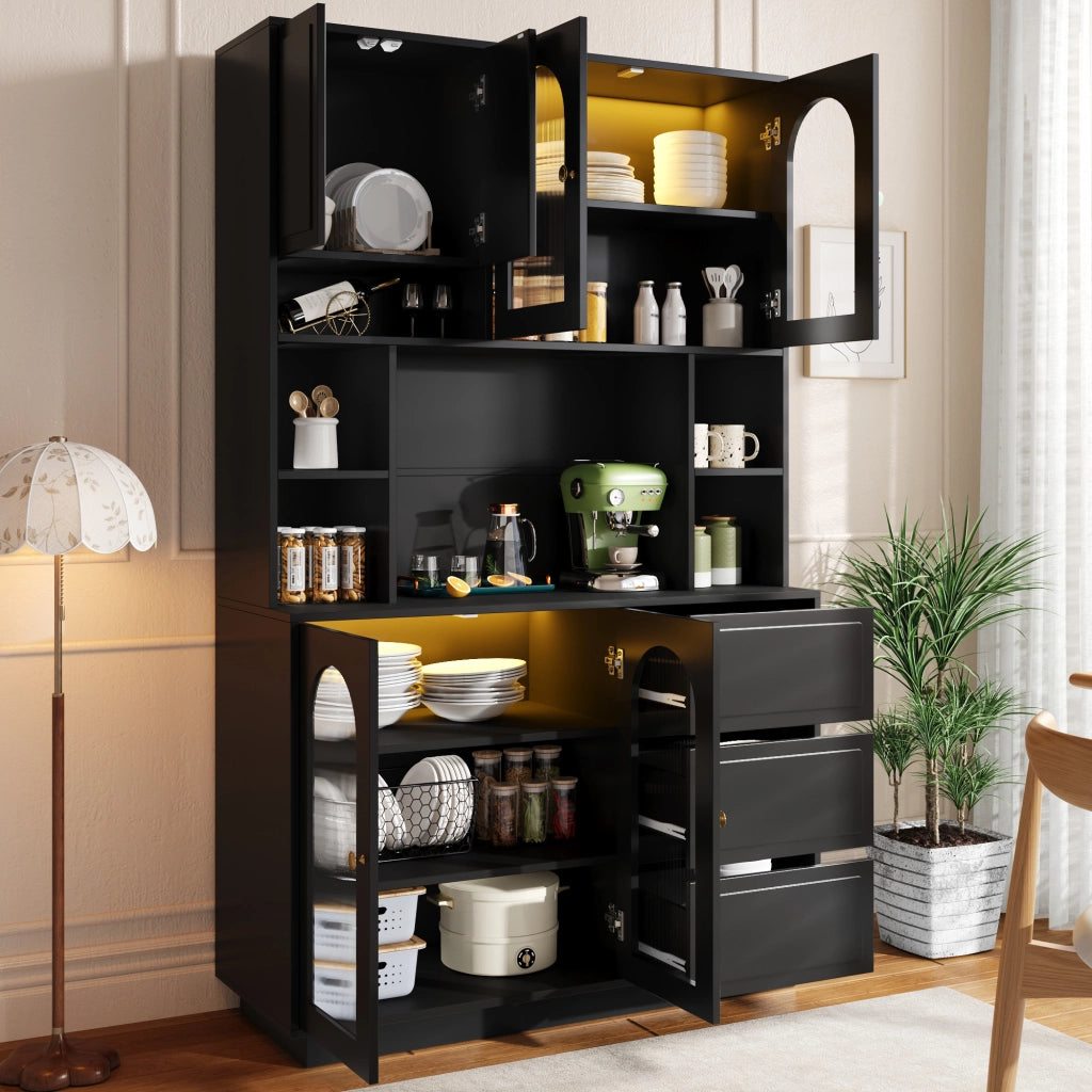 Credenza alta con ante ad arco in acrilico, LED APP e 3 cassetti, per cucina e soggiorno, nero 106 × 30 × 175 cm