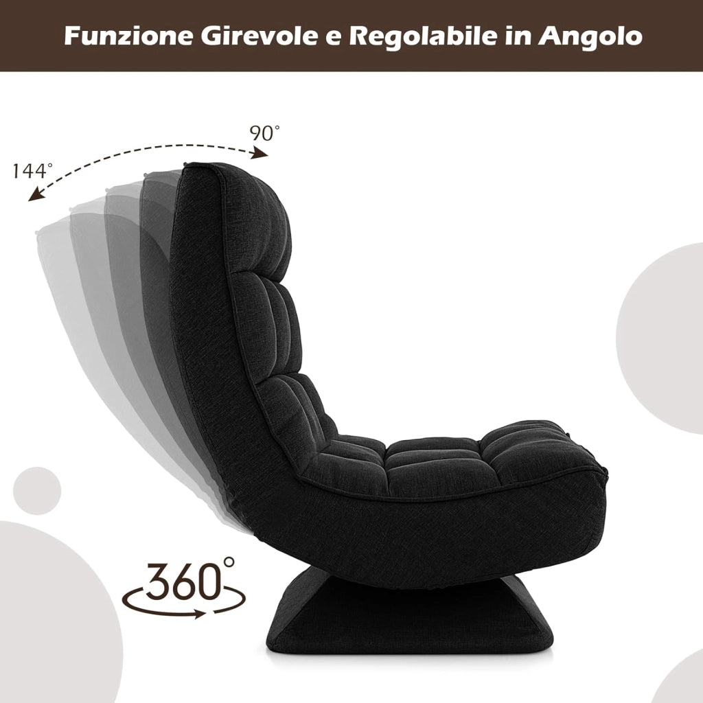 Poltrona da Terra Girevole 360°, Poltrona Relax con Schienale Regolabile a 4 Posizioni, Sedia Pieghevole con Base, per Soggiorno Camera da Letto (Nero)