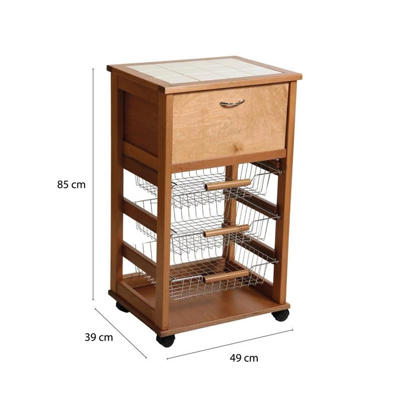 CARRELLO VESUVIO PORTAPANE ROVERE IN FAGGIO BASE INFERIORE MULTISTRATO DI BETULLA 1 CASSETTO 3 CESTELLI PIANO MATTONELLE IN CERAMICA