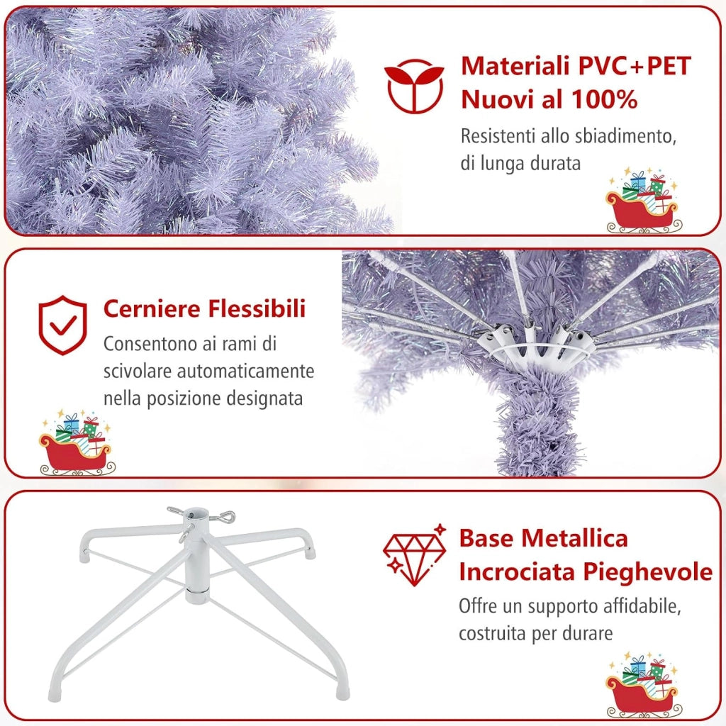 Albero di Natale 180 cm, Albero di Natale Preilluminato con 688 Rami Folti, 250 Luci LED Bianco Caldo, 8 Modalità e Base, Decorazione Natalizia per Casa e Ufficio (Viola, 180 cm)
