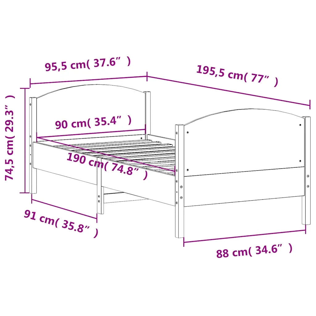 Letto singolo | Letto per adulti | Letto senza Materasso 90x190 cm in Legno Massello di Pino