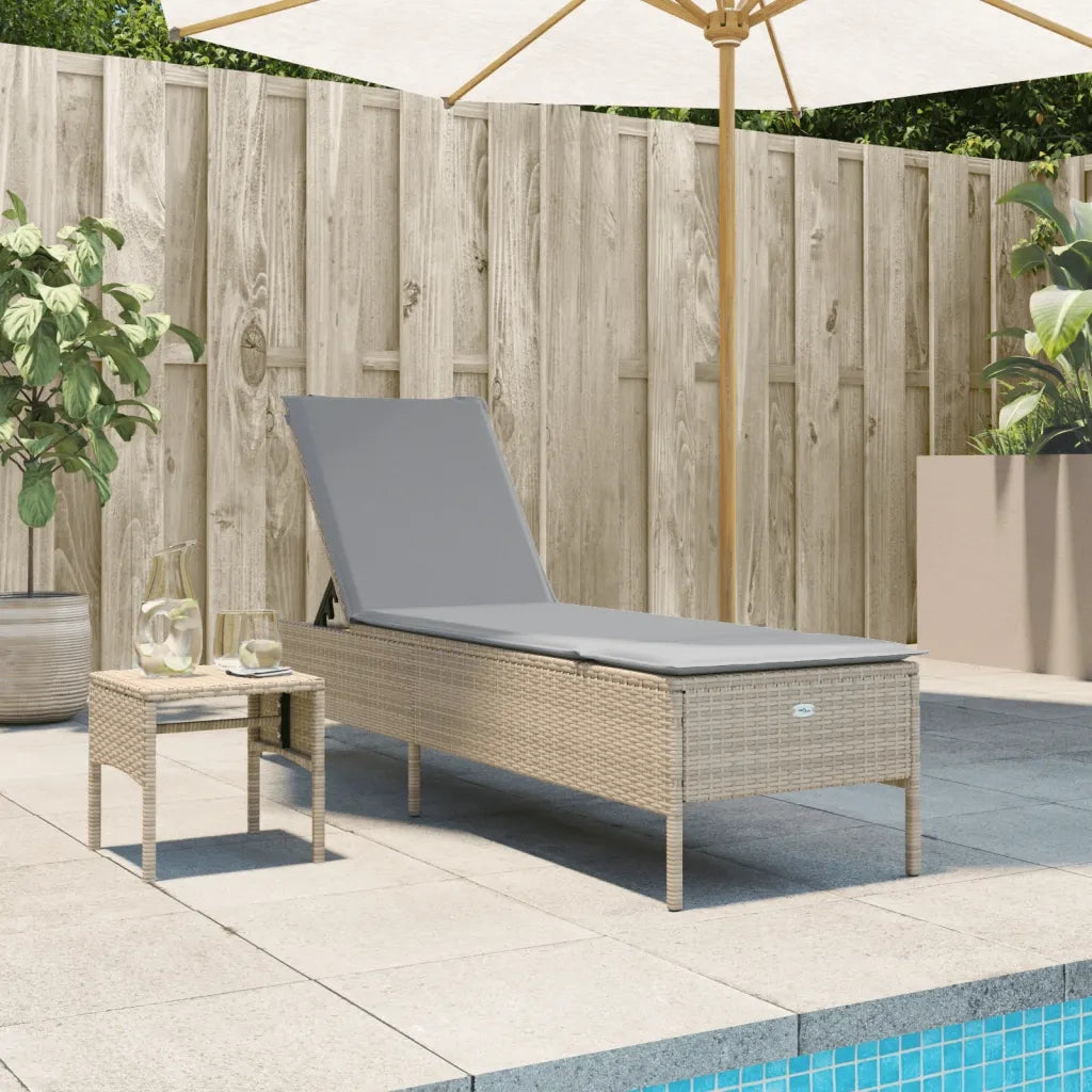 Lettino Prendisole | Sdraio da giardino | Lettino da sole con Tavolo e Cuscino Beige in Polyrattan