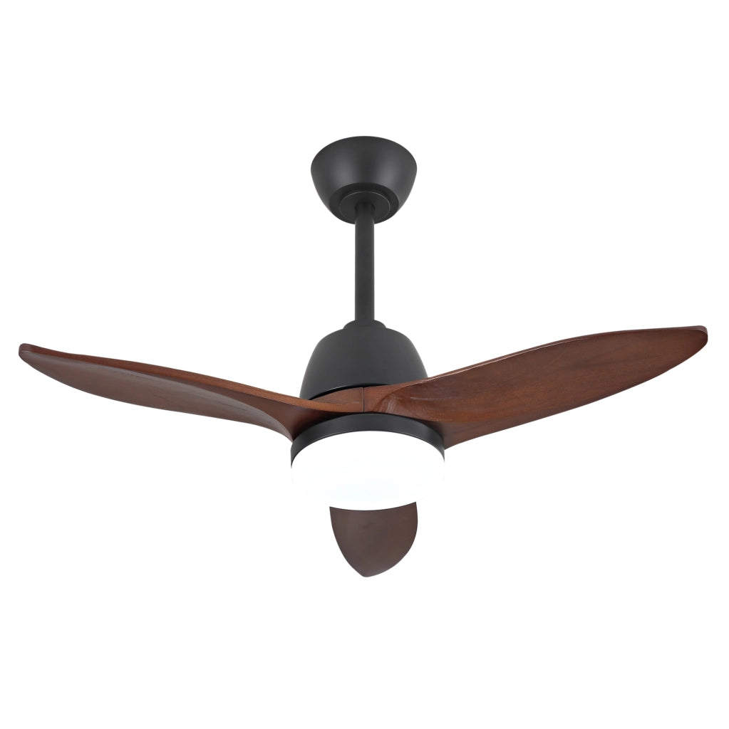 Ventilatore da soffitto moderno 42 pollici con LED; 3 pale in legno massello; nero e noce scuro