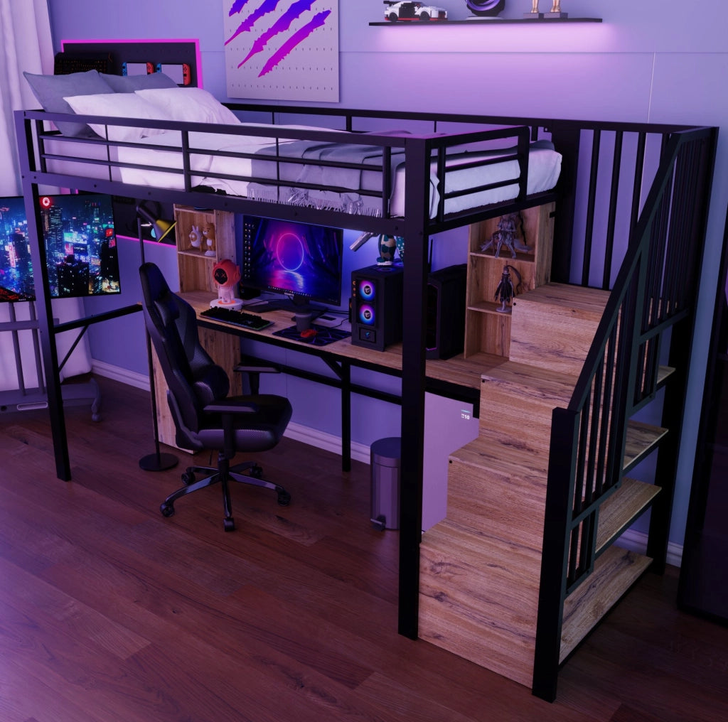 Letto a soppalco 90x200 cm nero in metallo e MDF, scrivania USB, senza materasso