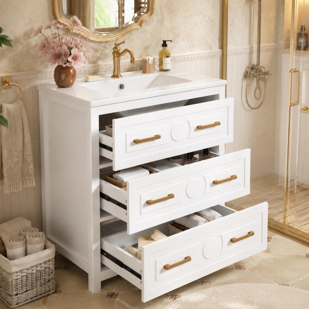Mobile sottolavabo con 3 cassetti e lavabo in ceramica, finitura laccata, per bagno, bianco, 76,5 × 47 × 82 cm