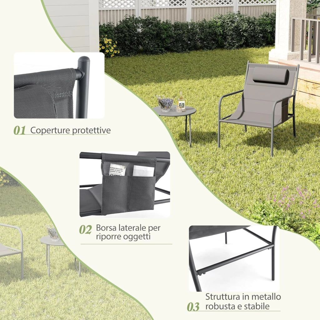Set da Bistro per Giardino a 3 Pezzi, Sedie e Tavolino da CaffÃ¨ in Metallo per Patio, Sedie con Poggiatesta, Set in Metallo per Cortile, Sedia Portata 150 kg, Tavolino Portata 50 kg