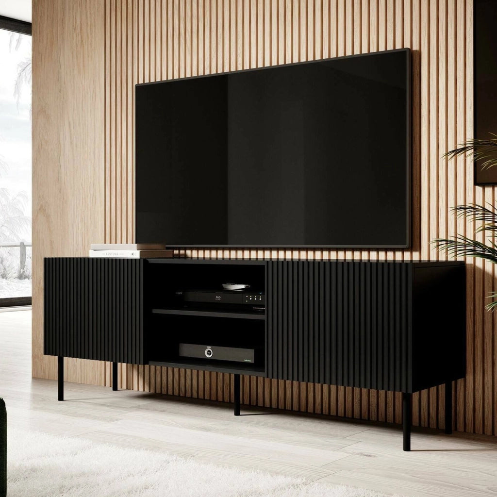Mobile porta TV Molini, Madia da salotto con quattro ante battenti, Rialzato da terra, 150x42 h52 cm, Nero