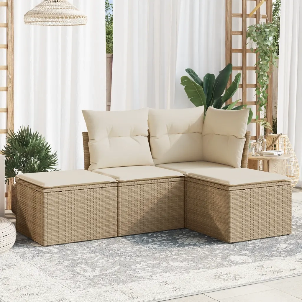 Set Divano da Giardino 4 pz | Set Salotto da Giardino con Cuscini Beige in Polyrattan