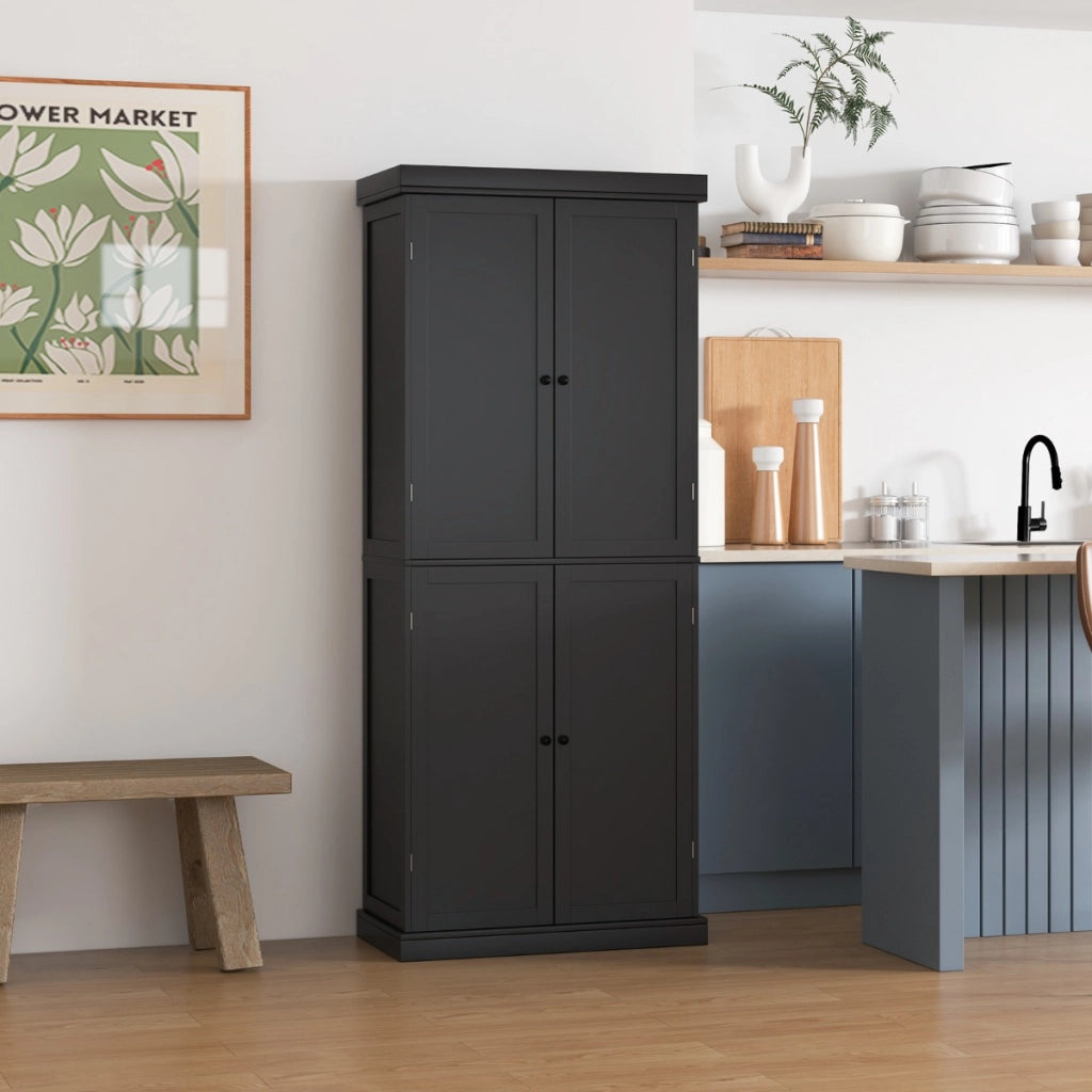 Dispensa da cucina a 4 ante con 6 ripiani 2 ripiani regolabili, Mobile credenza alto 184,5cm per sala da pranzo Nero