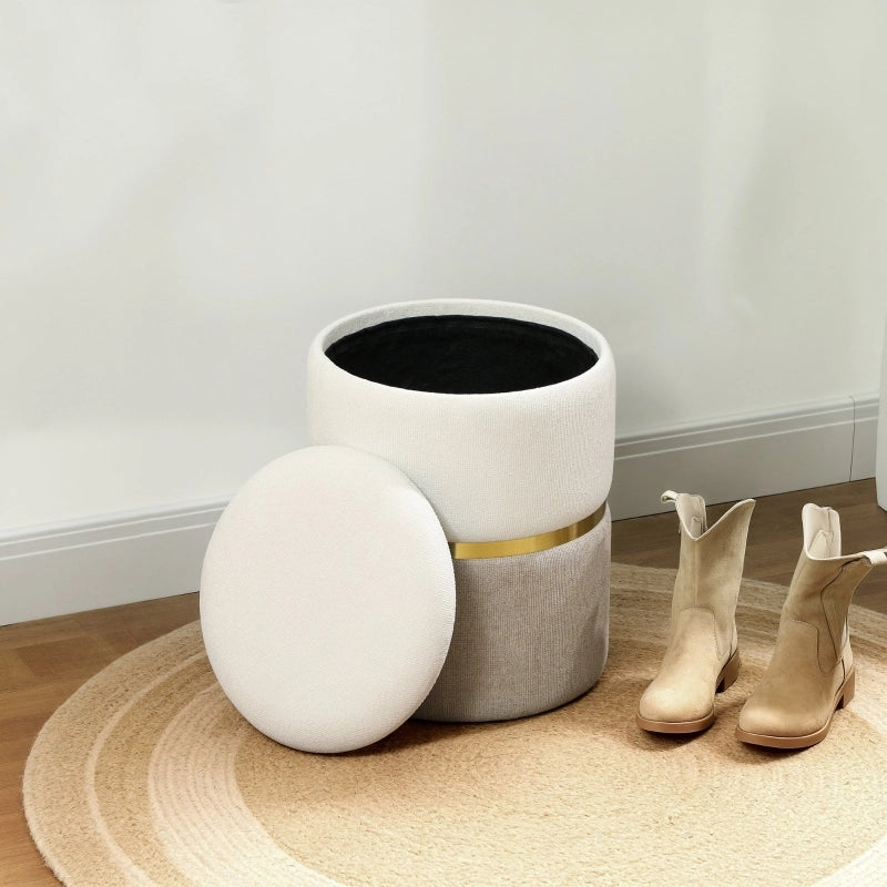 POUF CONTENITORE Ø36 x 44 cm Bianco Crema in Chenille con anello in metallo