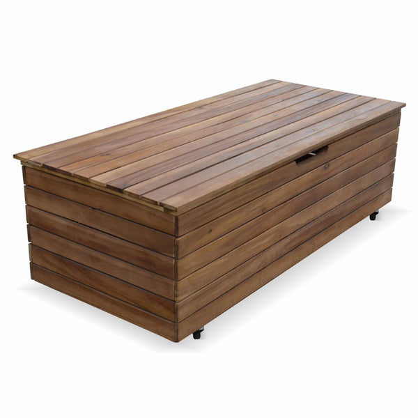 Baule da giardino in legno con rotelle, 110l, marrone naturale
