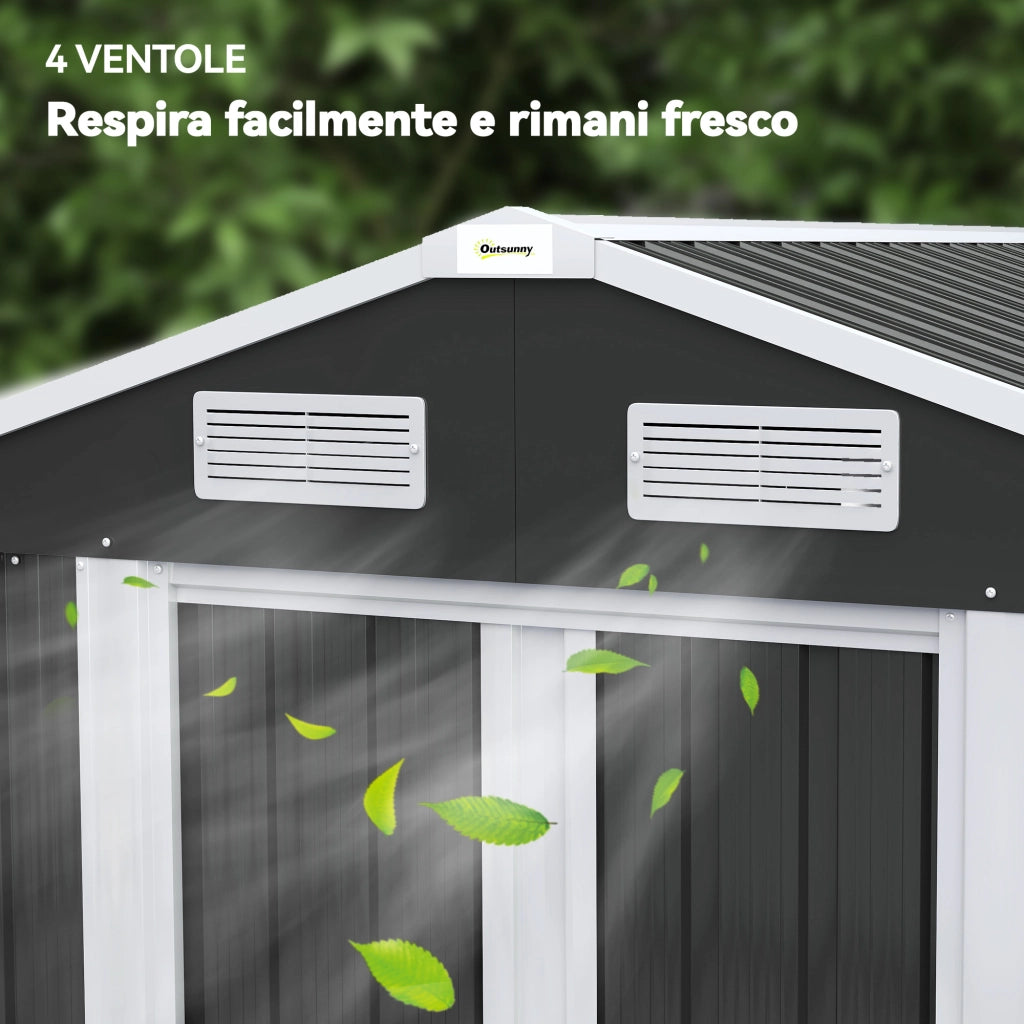 Capanno Box da Giardino 195,5x158,5x188 cm con 2 Porte Scorrevoli in Acciaio Nero