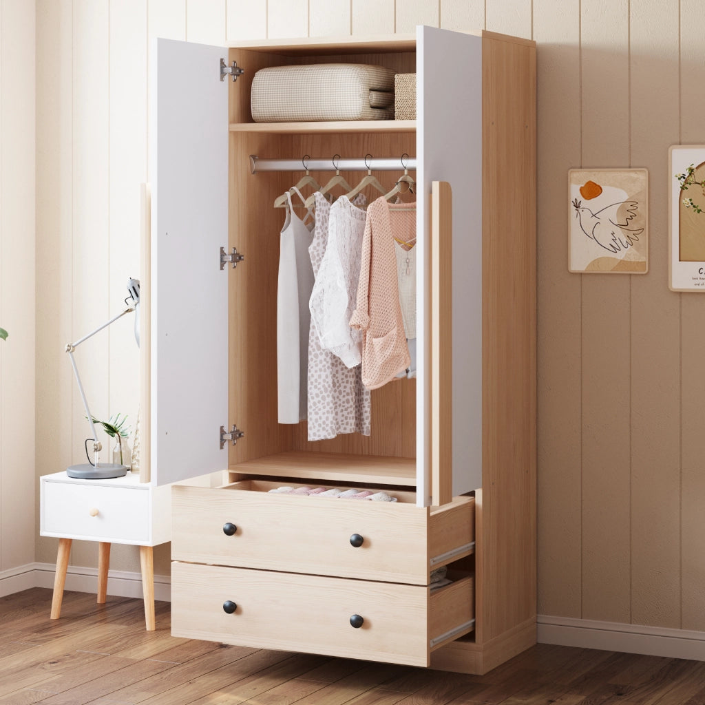 Armadio con 2 ante e 2 cassetti, 1 vano, per camera da letto e soggiorno, in legno, naturale e bianco, 70 × 40 × 170 cm